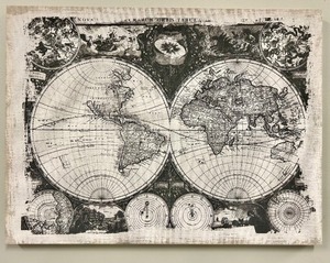 lot 207A image: World Map Engraving & Antique Double Hemisphere Pair of Globes Wall Art