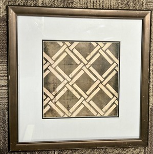 lot 220A image: Framed Geometric Abstract Wall Art - Interlocking Beige & Black Pattern