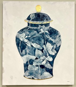 lot 251 image: Blue & White Ginger Jar Floral Painting on Canvas by Ihaki