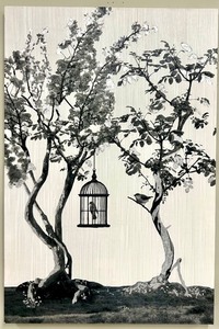 lot 252A image: Canvas - Tree & Birdcage Artwork
