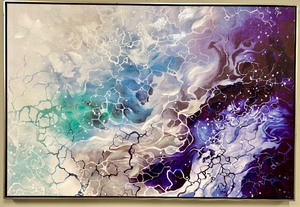 lot 256 image: Abstract Canvas Painting - Framed Blue Teal Purple Crackle Pattern