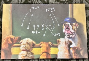 lot 259 image: Canvas Dog Art Print - Chalkboard Fetch & Stay Scene