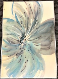 lot 263 image: Framed Abstract Watercolor Floral Painting & Blue Teal Tones