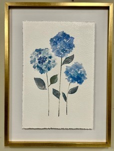 lot 281 image: Blue Hydrangea Watercolor Painting in Gold Frame