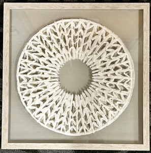 lot 286 image: White Round Woven Wall Decor in Wood Shadow Box Frame