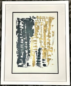 lot 350 image: Framed Abstract Print - Black & Gold Vertical Stripes on White Mat