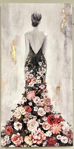 lot 358 image: Canvas Painting - Back View of Woman in Black Gown Adorned with Floral Bouquet Details