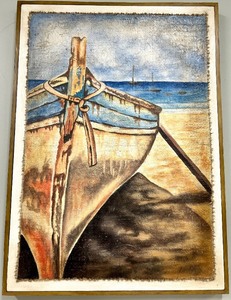 lot 364 image: Seascape Canvas Painting - Coastal Boat at Shore, Framed