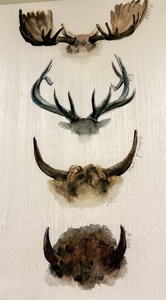 lot 372 image: Canvas Wildlife Antlers Painting - Watercolor Horns Artwork for Wall & Signed, Original Canvas