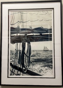 lot 382 image: Framed Nautical Photograph - Black & White Sailboat Rigging Scene on the Open Sea