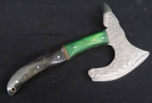 lot 44 image: DAMASCUS AXE WITH LEATHER SHEATH