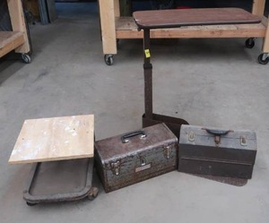lot 124 image: MEDICAL STAND, METAL TOOL BOXES, AND A GARAGE SEATCHAIR ON WHEELS