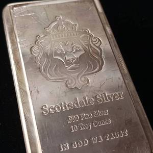 lot 1 image: Scottsdale Mint Stacker 10 ounce Silver Bar � Tax Exempt - .999 Pure Silver