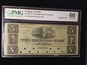 lot 5 image: $5 Note 1857-58 Exchange Bank of Virginia � 40 Extremely Fine � PMG Paper Money Gurarantee - TAX EXEMPT