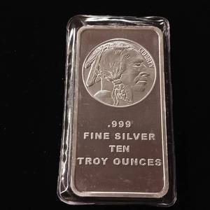lot 11 image: 10 Ounce Silver Bar � Buffalo Head - .999 Pure Silver � Tax Exempt