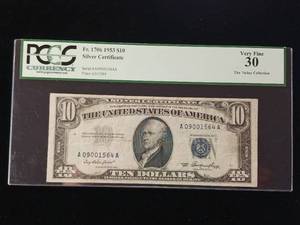 lot 12 image: 1953 - $10 Dollar Silver Certificate � Very Fine 30 PCGS Currency Rated � The Rickey Collection -TAX EXEMPT