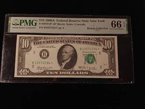 lot 15 image: 1969A Federal Reserve Note of New York � 66 Gem Uncirculated -  PMG Paper Money Guarantee � The Rickey Collection -TAX EXEMPT