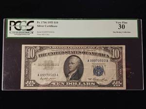 lot 18 image: Year 1953 - $10 Dollar Silver Certificate � Very Fine 30 PCGS Currency Rated � The Rickey Collection - TAX EXEMPT