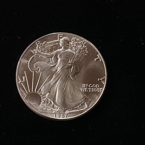 lot 21 image: 1987 Silver Eagle - 99.9% pure silver� One Troy Ounce in pristine, uncirculated condition - TAX EXEMPT
