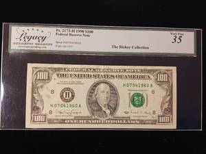 lot 30 image: 1990 $100 Federal Reserve Note � Very Fine 35 Legacy Currency Graders � The Rickey Collection - TAX EXEMPT