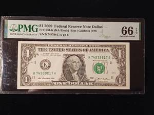 lot 36 image: 2009 $1 Federal Reserve Note Dallas � 66 EPQ Gem Uncirculated � PMG Paper Money Guarantee  - TAX EXEMPT