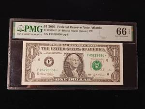 lot 42 image: 2001 $1 Federal Reserve Note Atlanta � 66 EPQ Gem Uncirculated � PMG Paper Money Guarantee  - TAX EXEMPT
