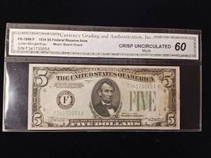 lot 51 image: Crisp Uncirculated Mule 1934 $5 Federal Reserve Note � Grade 60  - TAX EXEMPT