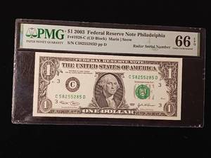 lot 58 image: 2003 Federal Reserve $1 Note Philadelphia � 66 EPQ Gem Uncirculated � PMG Paper Money Guarantee � Radar Serial Number  - TAX EXEMPT