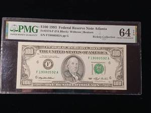 lot 62 image: 1993 $100 Federal Reserve Note Atlanta � 64 Choice Uncirculated � PMG Paper Money Guarantee � Rickey Collection