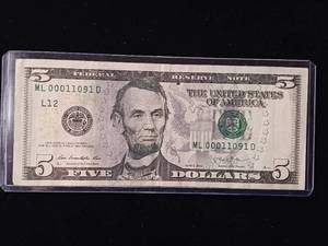 lot 67 image: Fancy $5 Federal Reserve Note � four zeroes � three ones � only 3 digits total of 12 - TAX EXEMPT