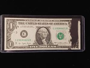 lot 76 image: INK RUN  Rare FRN $1 1977 Morton Blumenthal Smear Defect - TAX EXEMPT