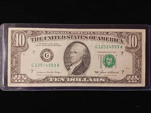 lot 77 image: $10 1985 Federal Reserve Note Ink Smear Defect (on back) - TAX EXEMPT