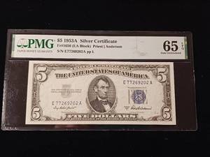 lot 80 image: 1953-A - $5 Dollar Silver Certificate � Gem Uncirculated Graded 65 � PMG Paper Money Guarantee - TAX EXEMPT