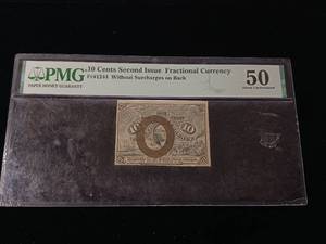 lot 82 image: 10 Cents Second Issue Fractional Currency � Grade 50 About Uncirculated � PMG Paper Money Guarantee - TAX EXEMPT