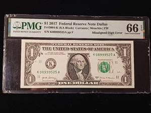 lot 84 image: Misaligned Digit Error � 2017 Federal Reserve $1 Note Dallas � 66 EPQ Gem Uncirculated � PMG Paper Money Guarantee - TAX EXEMPT