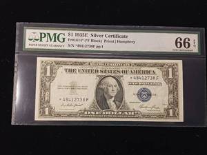 lot 87 image: 1935-E $1 Silver Certificate Graded 66  Gem Uncirculated � PMG Paper Money Guarantee � Rickey Collection - TAX EXEMPT