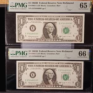 lot 88 image: Consecutive FRN $1 Notes 1963B  - Graded 65 and 66  - TAX EXEMPT