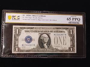 lot 91 image: Crazy green back 1928A Silver Certificate � Grade 65 PPQ Gem Uncirculated � see details  - TAX EXEMPT