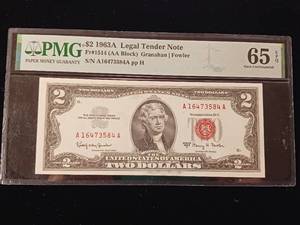 lot 92 image: 1963A Legal Tender Note � Two dollars - Grade 65 PPQ Gem Uncirculated - TAX EXEMPT