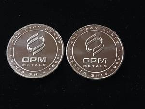 lot 93 image: 2 Uncirculated Bullion Coins � 2 troy ounces total � OPM Metals � .999% silver tax exempt -  Made in the USA