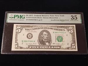 lot 94 image: Insufficient Inking Error � 35 Choice Very Fine -  $5 1977 Federal Reserve Note New York - TAX EXEMPT