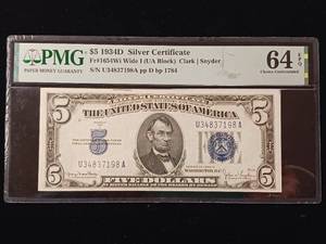 lot 107 image: 1934D Silver Certificate $5 � PMG Graded Gem Uncirculated 64 EPQ  - TAX EXEMPT
