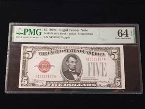 lot 110 image: 1928C $5 Legal Tender Note - PMG Graded Choice Uncirculated 64 EPQ � Red Seal - TAX EXEMPT
