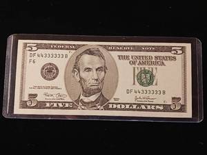 lot 118 image: Fancy 3003 Five Dollar Federal Reserve Note � Serial # 44333333B - TAX EXEMPT