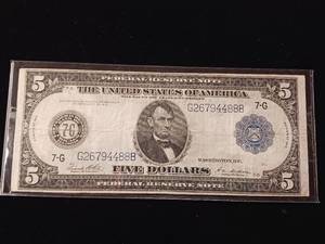 lot 129 image: Amazing 1914 Federal Reserve Note in circulated but good condition � Blue Seal - TAX EXEMPT