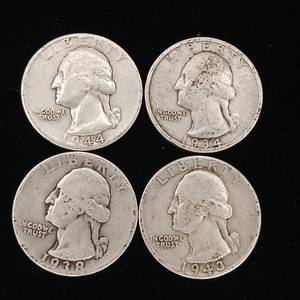lot 134 image: Pre-1965 90% Silver Washington Quarters - 4 Coins Total � One Dollar Face Value � Tax Exempt Constitutional Currency