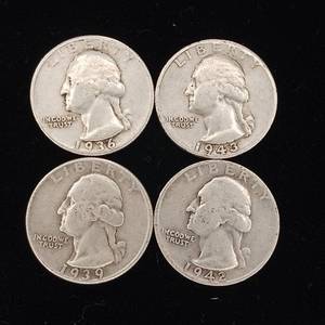 lot 136 image: Pre-1965 90% Silver Washington Quarters - 4 Coins Total � One Dollar Face Value � Tax Exempt Constitutional Currency