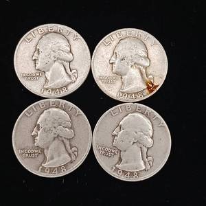 lot 142 image: 1948 90% Silver Washington Quarters - 4 Coins Total � One Dollar Face Value � Tax Exempt Constitutional Currency