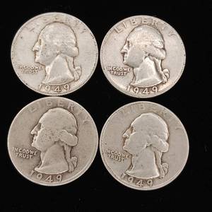 lot 145 image: 1949 90% Silver Washington Quarters - 4 Coins Total � One Dollar Face Value � Tax Exempt Constitutional Currency