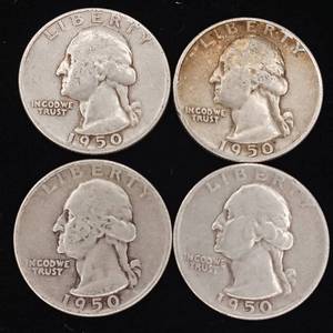 lot 148 image: 1950 90% Silver Washington Quarters - 4 Coins Total � One Dollar Face Value � Tax Exempt Constitutional Currency